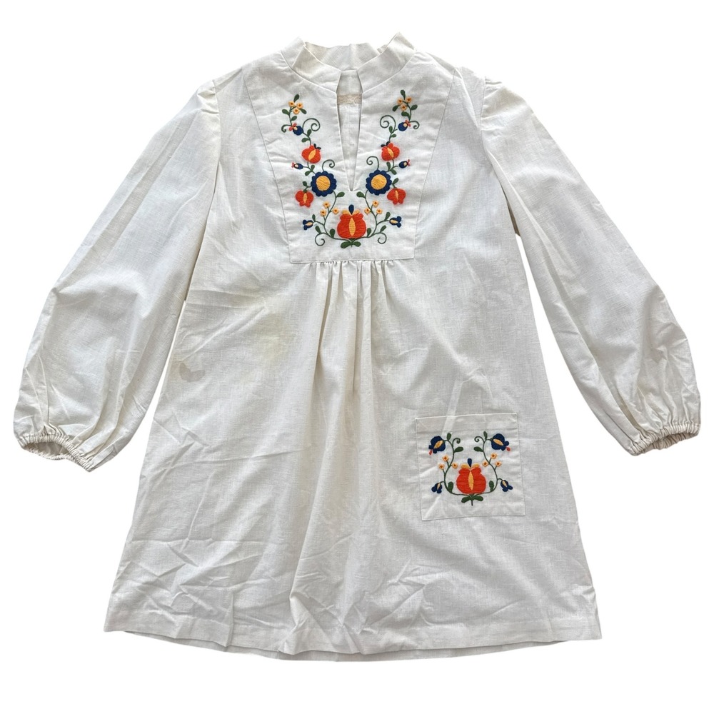 Vintage 70s Embroidered Linen Smock Dress Floral Boho Puff Sleeve White L Folk